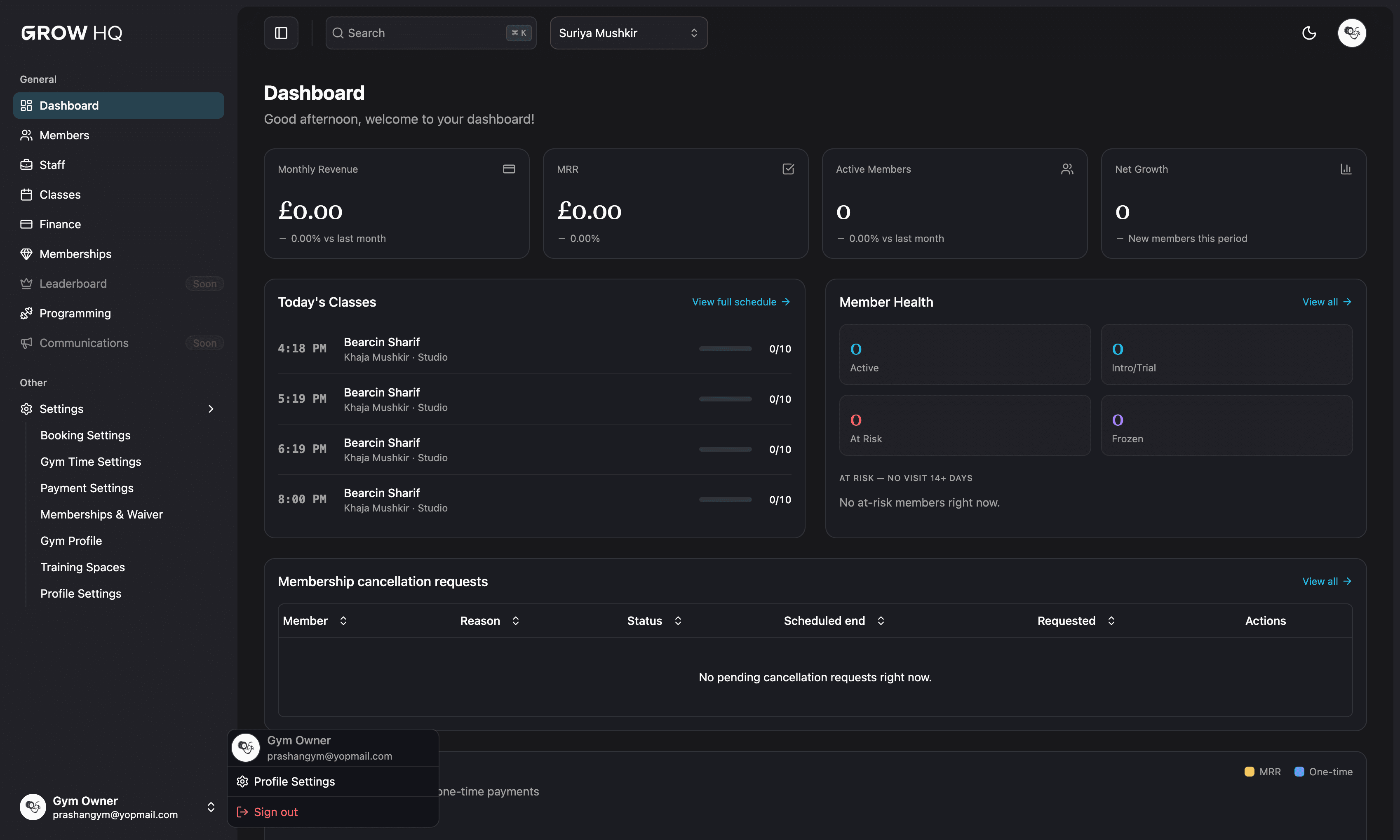 GymGrow gym owner dashboard