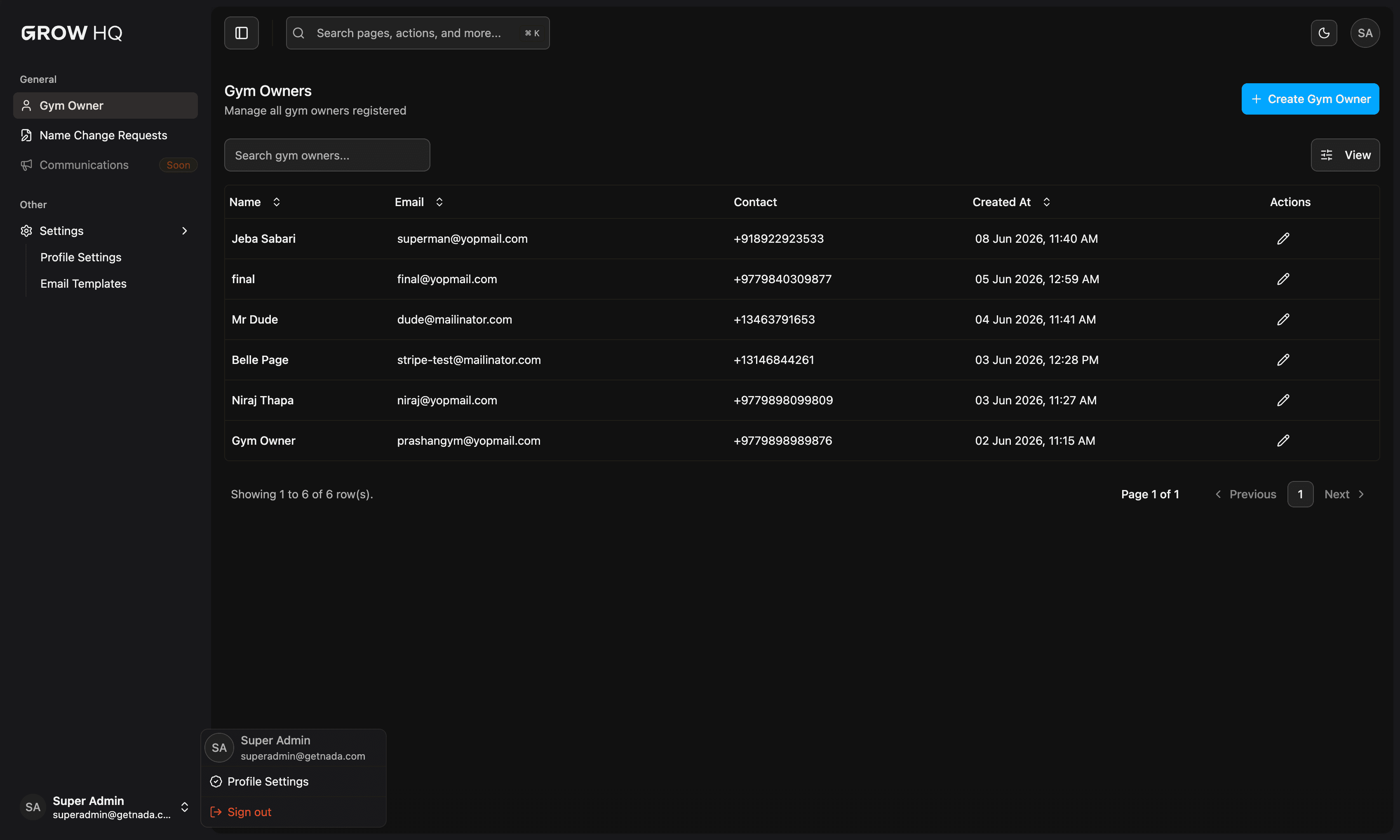 GymGrow superadmin gym owners dashboard