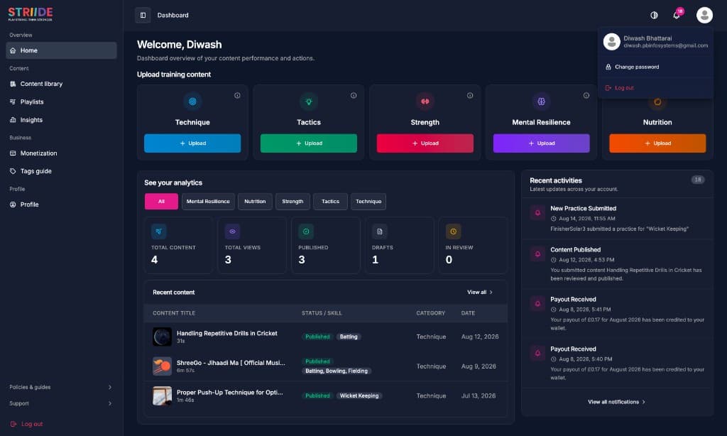 Striide coach dashboard in dark mode