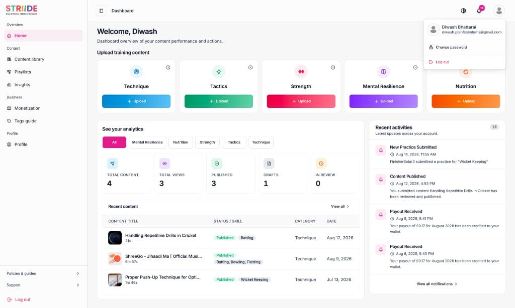 Striide coach dashboard in light mode